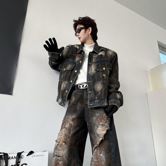 Painting Do The Old Cowboy Jacket Ripped Denim Trousers Men Loose Outfit - Vintage Western Set