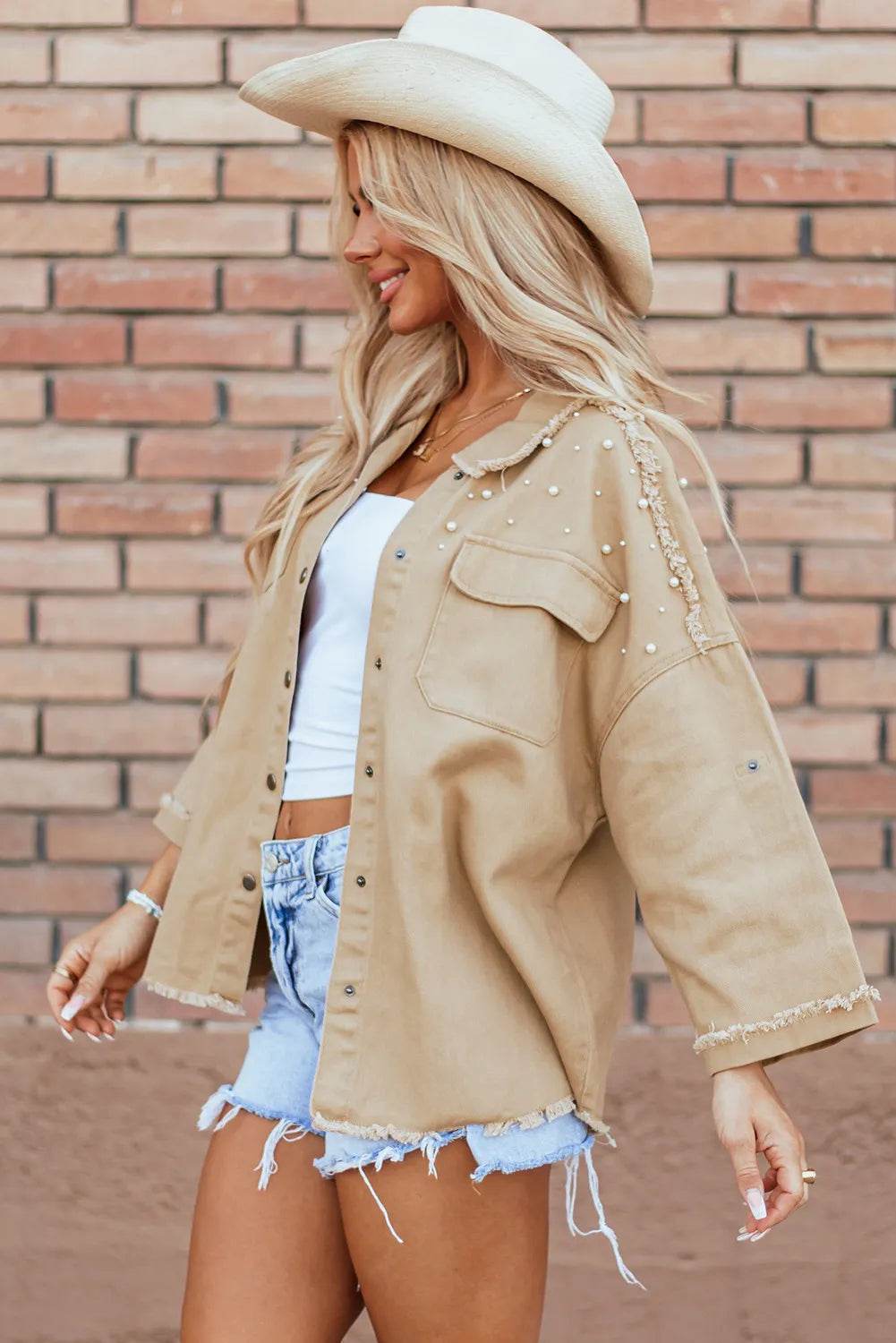 Raw Hem Pearl Trim Dropped Shoulder Denim Jacket - Millivan supplies