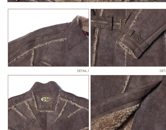 Brown suede jacket with stitching details on a white background