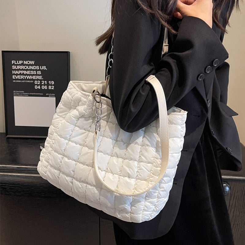 Chain Plaid Down Handbag - Bubble Designer Tote
