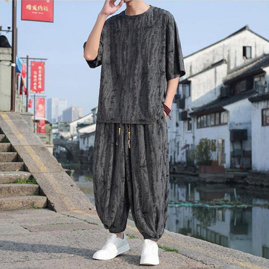 Men's Thin Short-sleeved Two-piece Suit - Black Pants Loose Fit Multiple Sizes