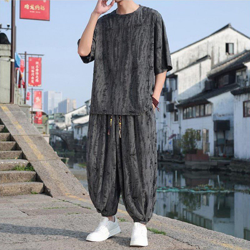 Men's Thin Short-sleeved Two-piece Suit - Black Pants Loose Fit Multiple Sizes