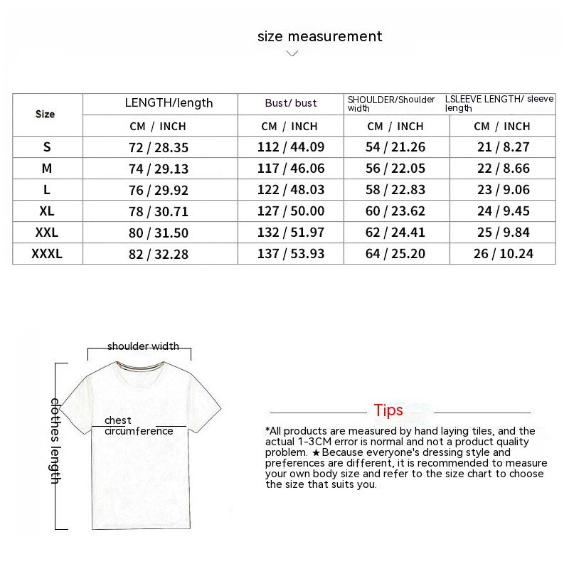 Size measurement chart for shirts with dimensions in centimeters and inches.