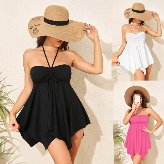 Woman wearing a black halter dress with a sun hat, white dress, and pink dress on a neutral background.