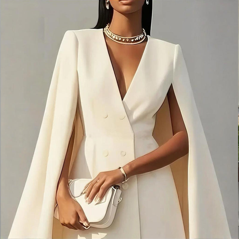 Woman wearing a white cape over a dress, holding a white clutch against a gray background