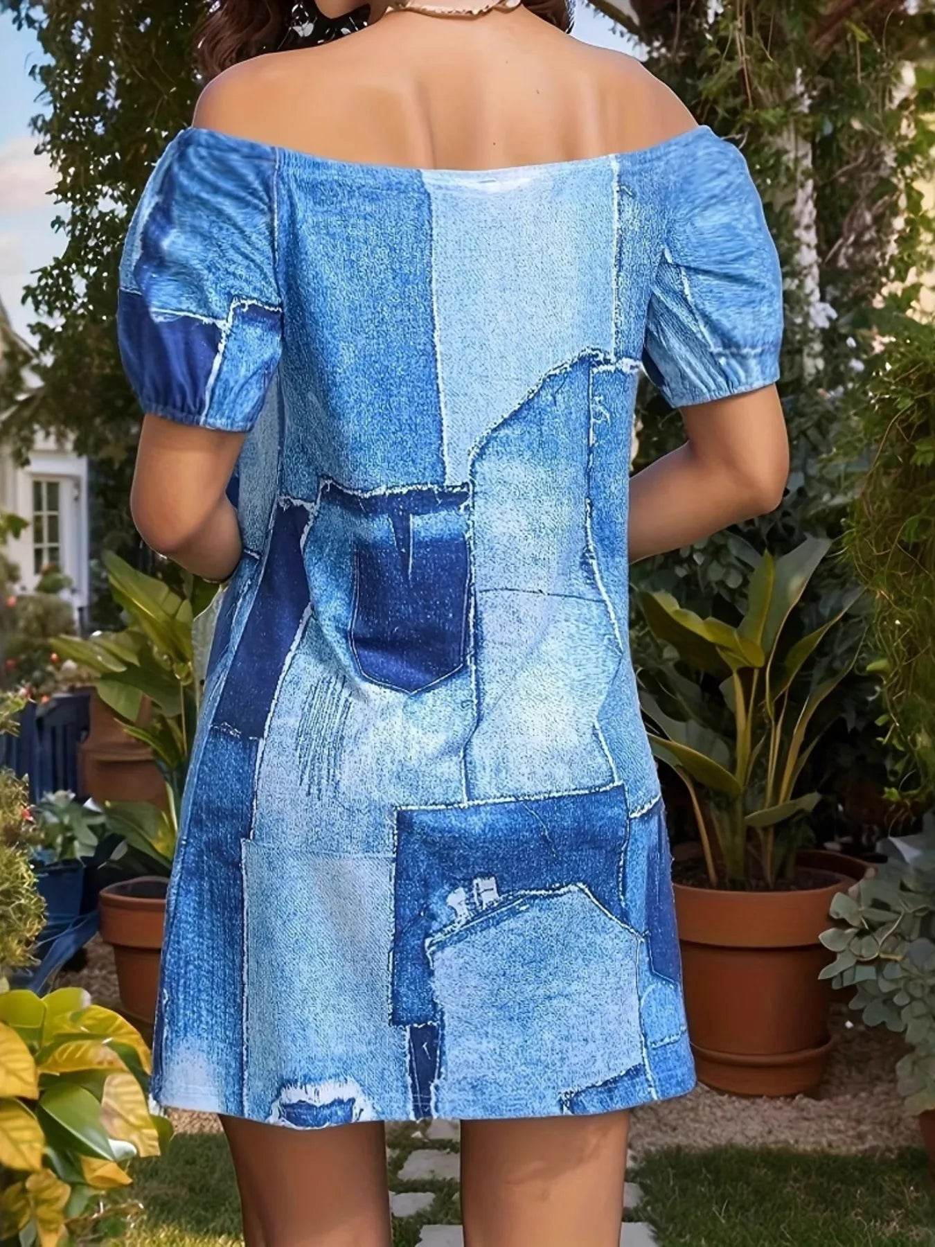 Patchwork Off Shoulder Denim Mini Dress - Millivan supplies