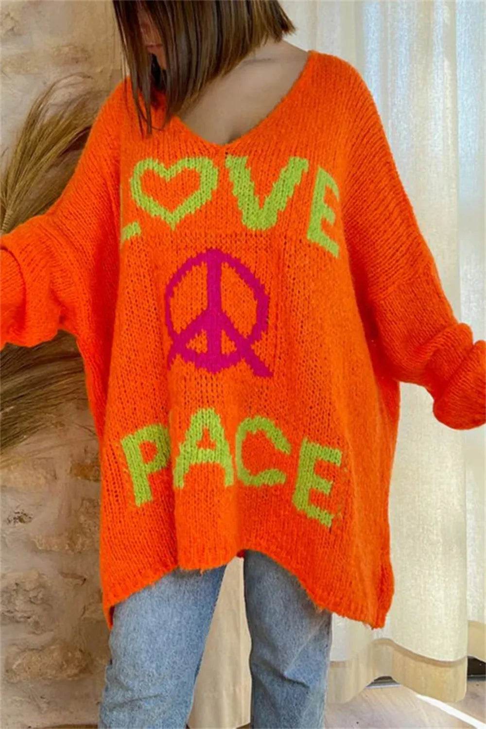 Peace Graphic V-Neck Long Sleeve Sweater - Millivan supplies