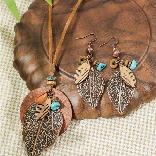 Women's Bohemian Retro Jewelry Set - Leaf Design Earrings & Necklace