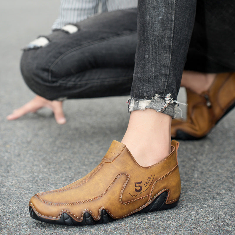 Men's Mid-top Zipper Casual Leather Shoes - Korean Style Cowhide Gommino Shoes