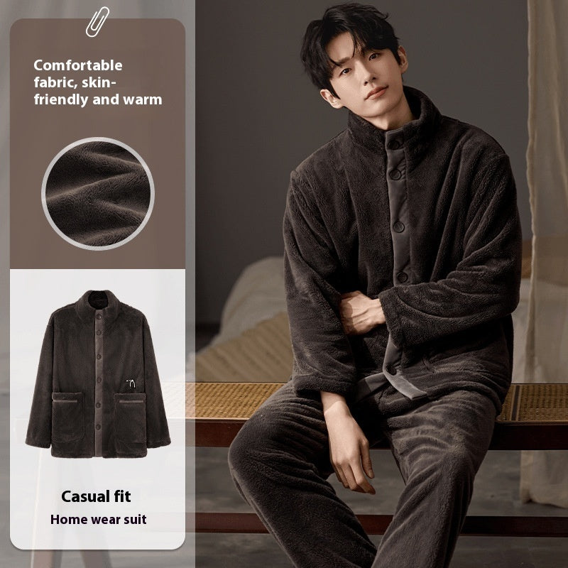 Men's Plus Size Pajama Set - Long Sleeve Warm Loungewear