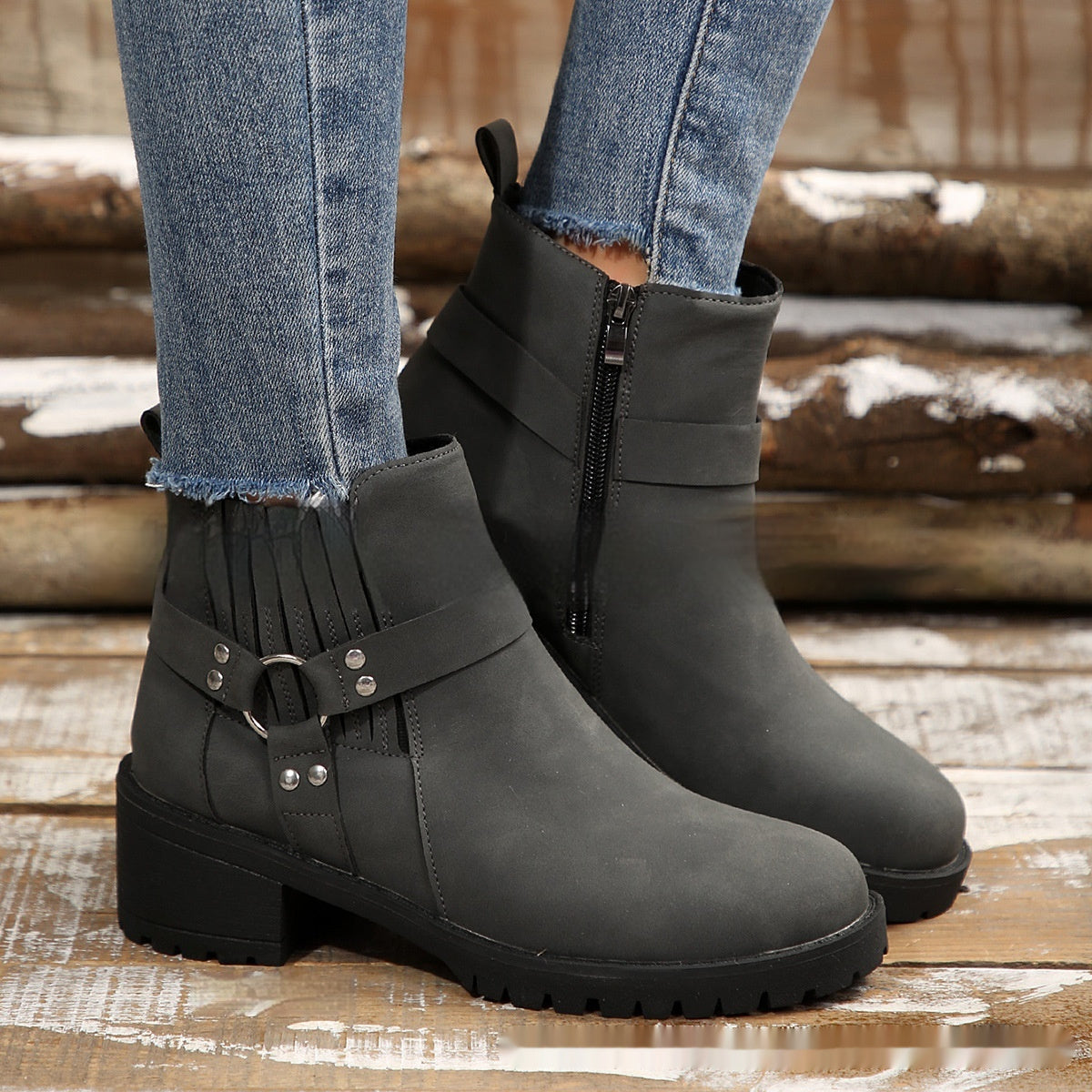 Women's Belt Buckle Ankle Boots - Adult Elastic Band Retaining Ring Boots