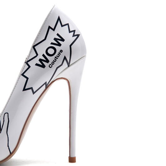 White high-heeled shoe with 'WOW Couture' design on a white background