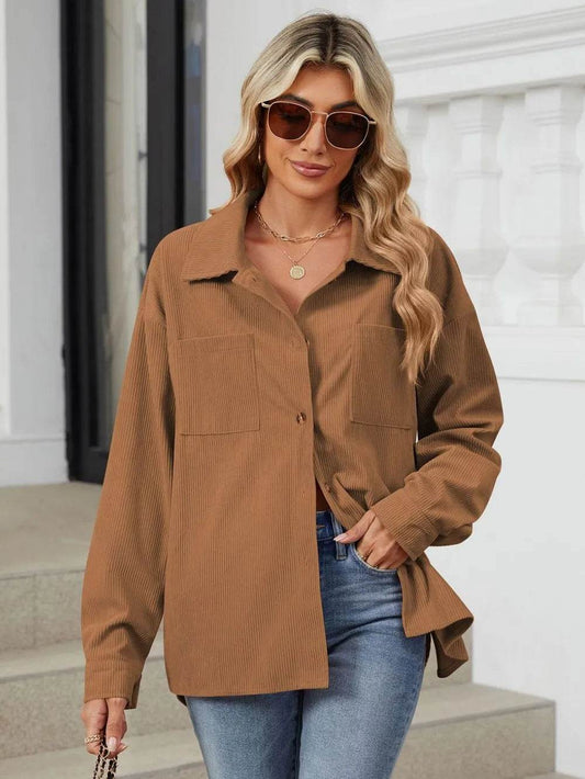 Button Up Dropped Shoulder Long Sleeve Outerwear - Millivan supplies