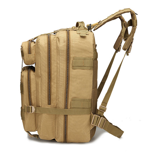 Tan tactical backpack on a white background
