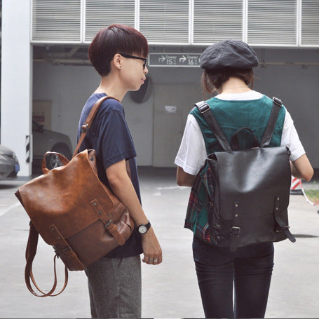 Men's PU Leather Travel Backpack - Large Capacity Laptop Bag Navy Brown