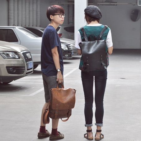 Men's PU Leather Travel Backpack - Large Capacity Laptop Bag Navy Brown