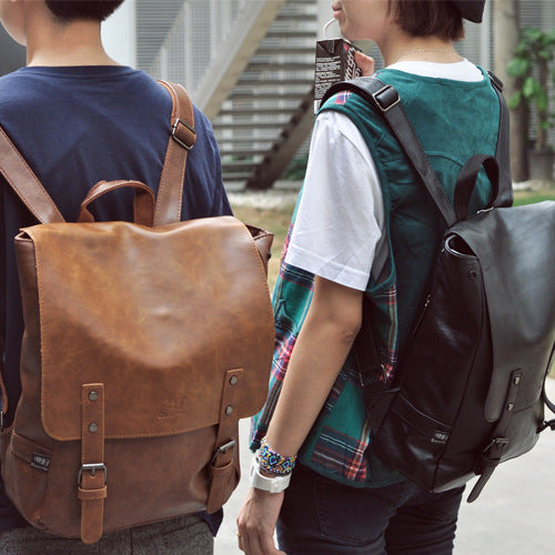 Men's PU Leather Travel Backpack - Large Capacity Laptop Bag Navy Brown
