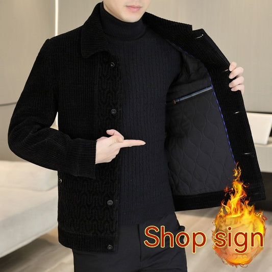 Person wearing a black jacket with a reflective inner lining, pointing to it.