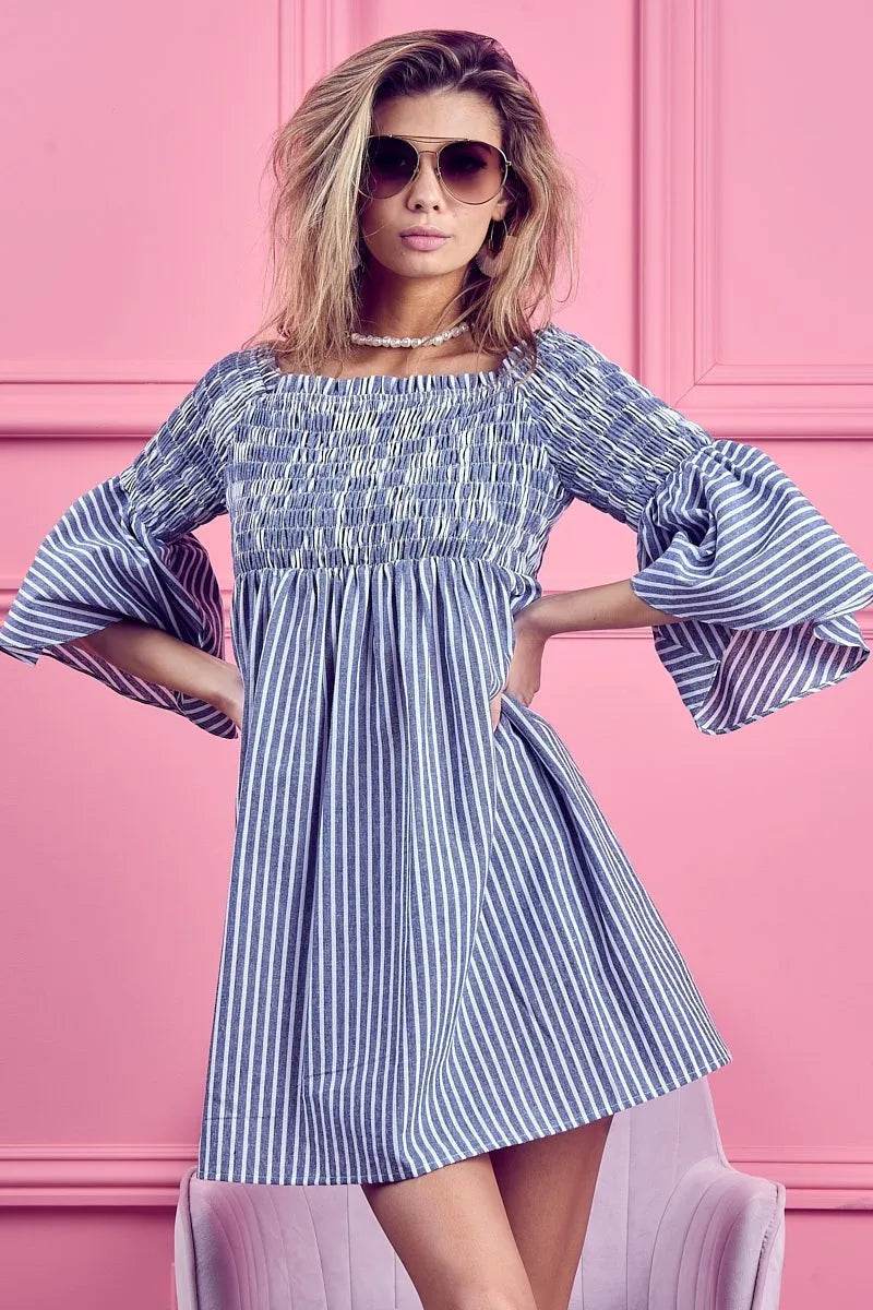 BiBi Smocked Off Shoulder Striped Dress - Millivan supplies