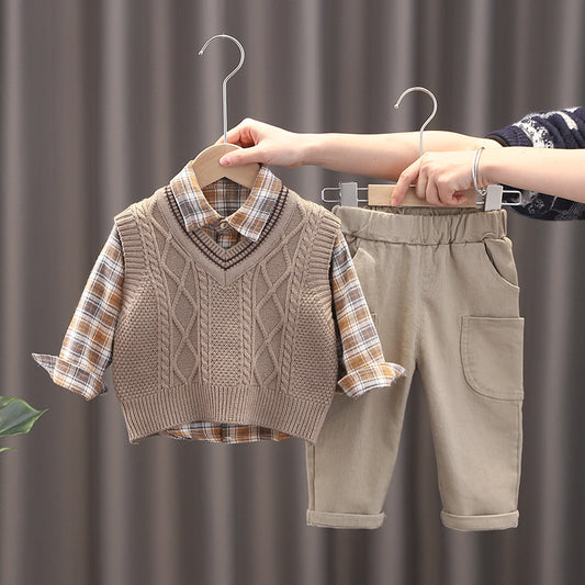 Boys' Fashion Sweater Vest Three-Piece Set - Children's Personality Outfit
