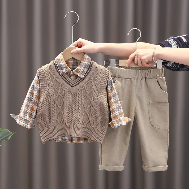 Boys' Fashion Sweater Vest Three-Piece Set - Children's Personality Outfit