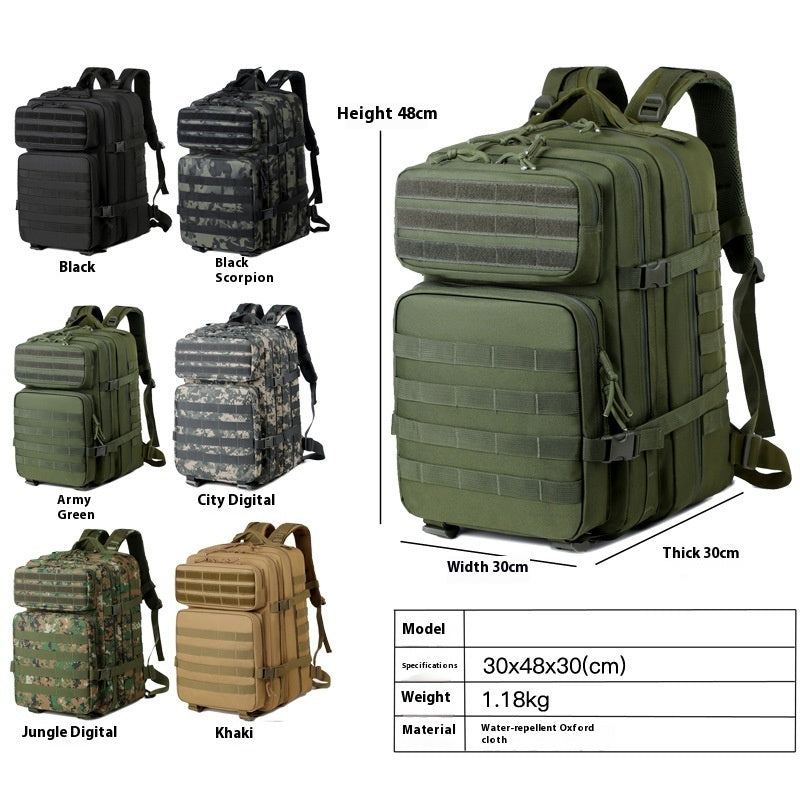 Set of tactical backpacks in various colors with dimensions and specifications.