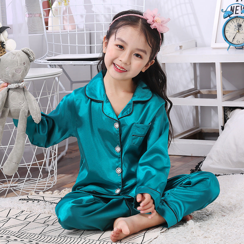 Children's Cardigan Long Sleeve Pajamas Girls Boys Ice Silk Solid Color