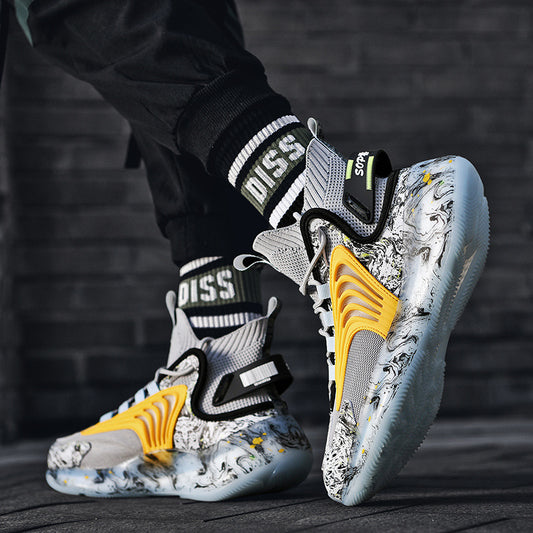 Close-up of a person wearing high-top sneakers with yellow accents on a dark background