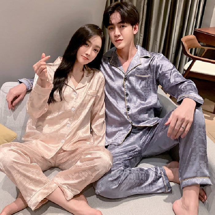 Couple Ice Silk Pajamas Women's Summer Artificial Silk Pajamas Men's Spring And Autumn Thin Plus-sized Size Homewear Suit