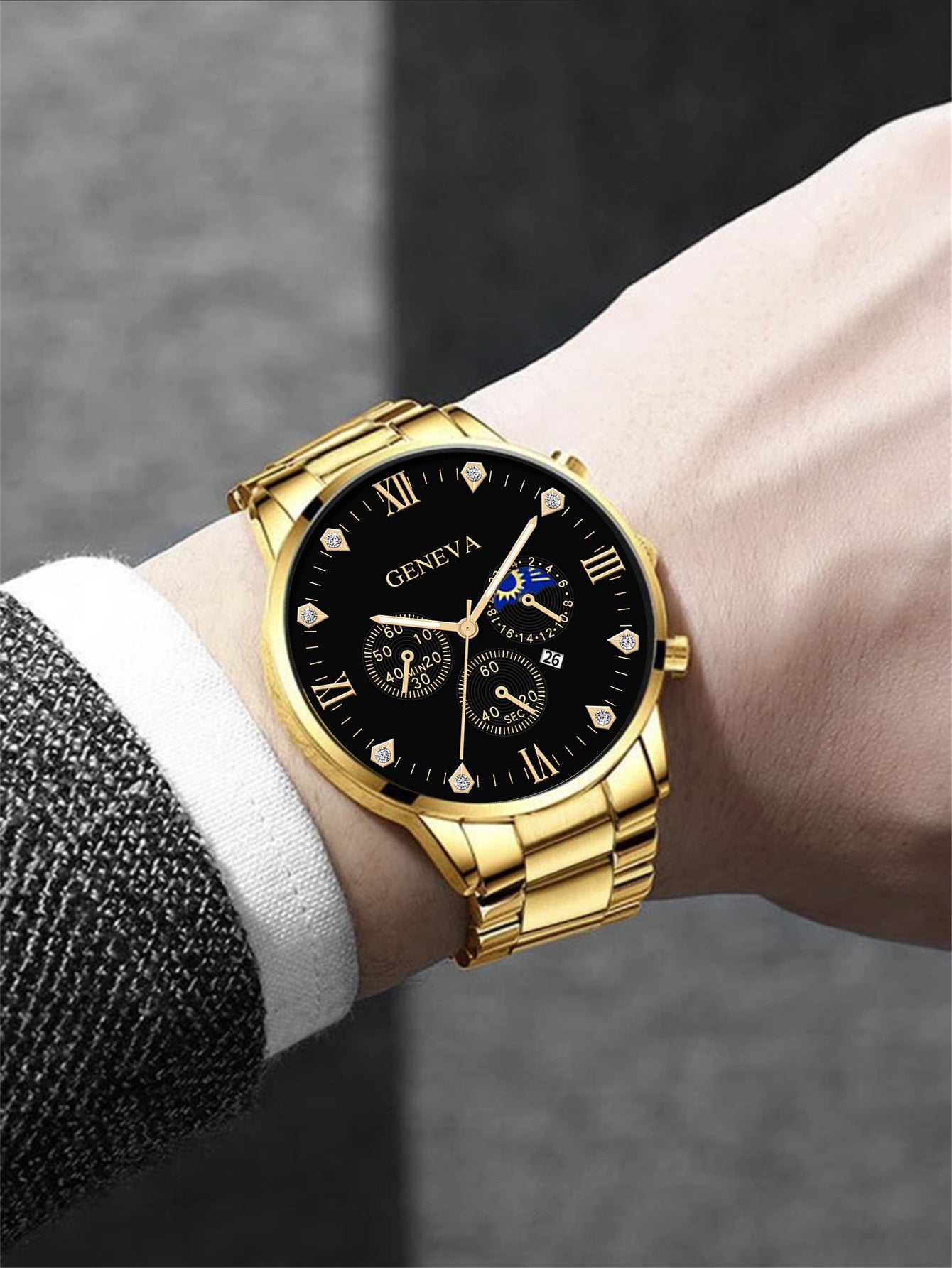 Fashion Business Men's Steel Watch - Gold Bracelet Set