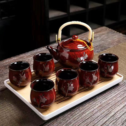 Simple Hand-painted Gold Large Teapot Ceramic - Kung Fu Tea Set Porcelain with Bamboo Tray