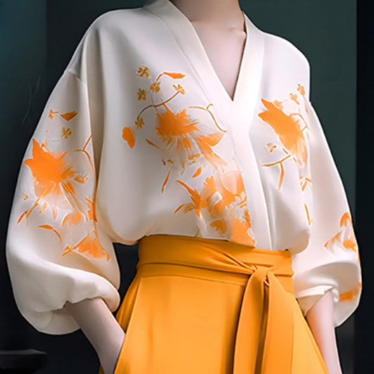 Women's Retro Two-Piece Set - Adult Slimming Shirt & Wide-Leg Pants Suit