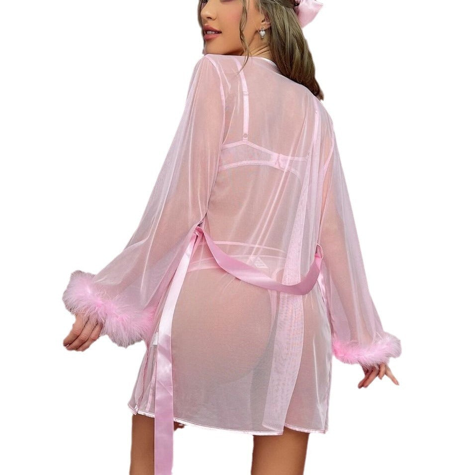 Women's Lightweight Mesh Nightdress - Breathable Sleep Dress with Wool Stitching