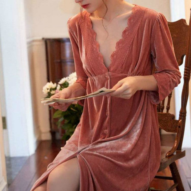 French  Nightdress Women Autumn And Winter Coral Fleece Plus Fleece Long Skirt