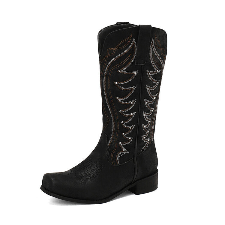 Women's Western Embroidered Denim Boots - Adult Square Toe Mid-Heel
