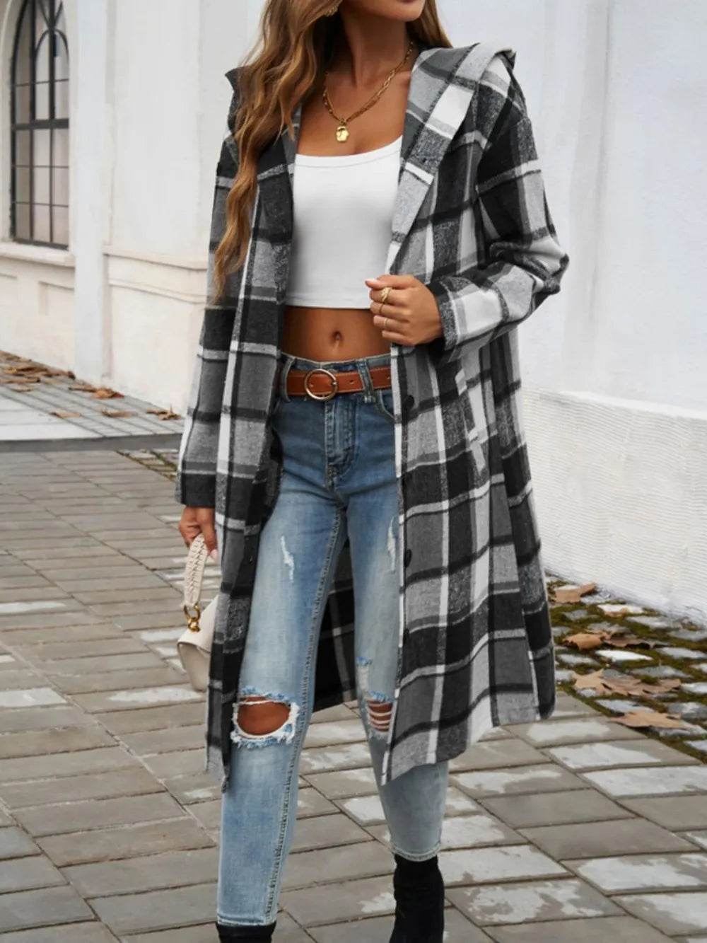 Devine Plaid Long Sleeve Hooded Coat - Millivan supplies