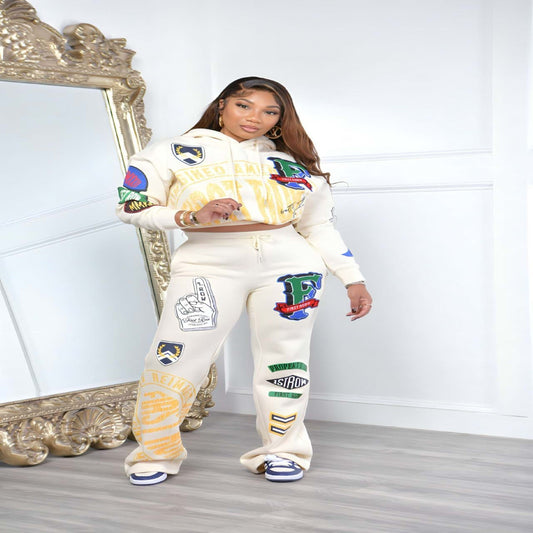 Fashion Casual Printing Long-sleeved Sweater Two-piece Set