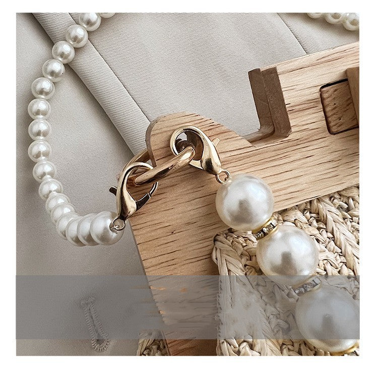 Fashion Simple Straw Pearl Chain Handbag - Street Trend Crossbody Bag