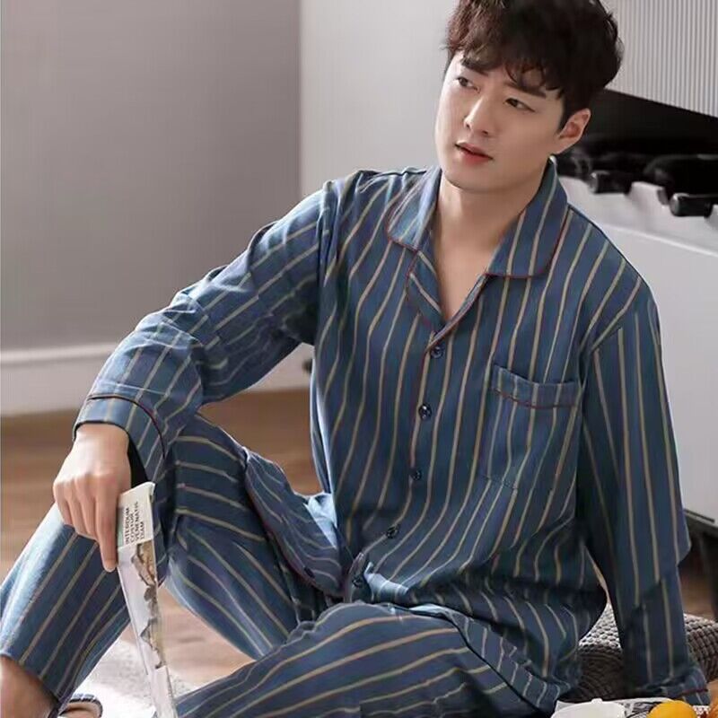 Men's Cotton Pajama Suit - Adult Autumn Winter Long-Sleeve Home Wear