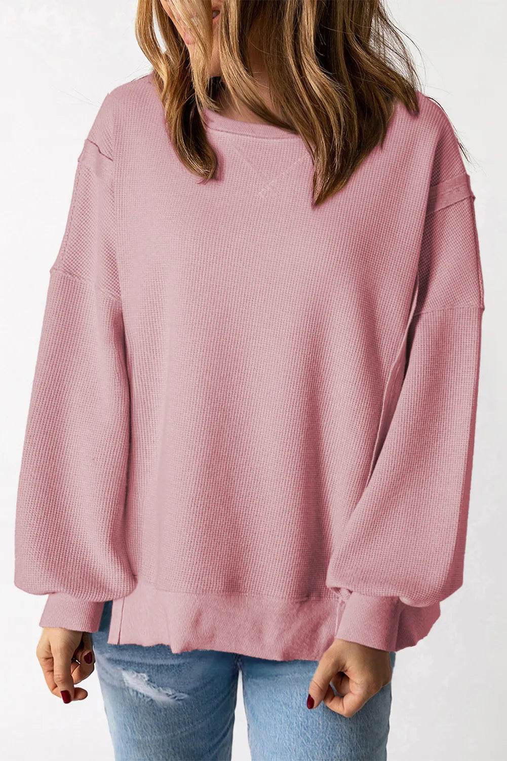 Slit Waffle-Knit Round Neck Long Sleeve Top - Millivan supplies