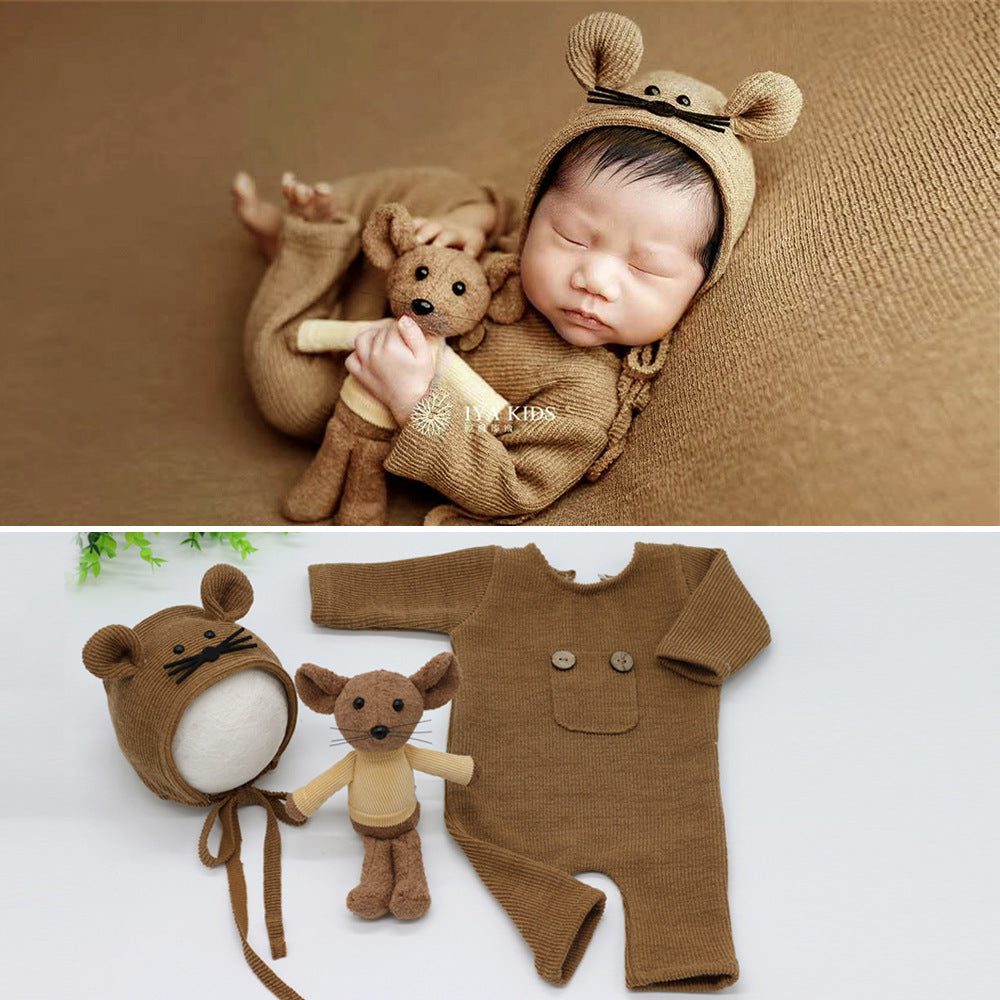 Three-piece Soft Knitted Jumpsuit, Hat, Doll And Mouse