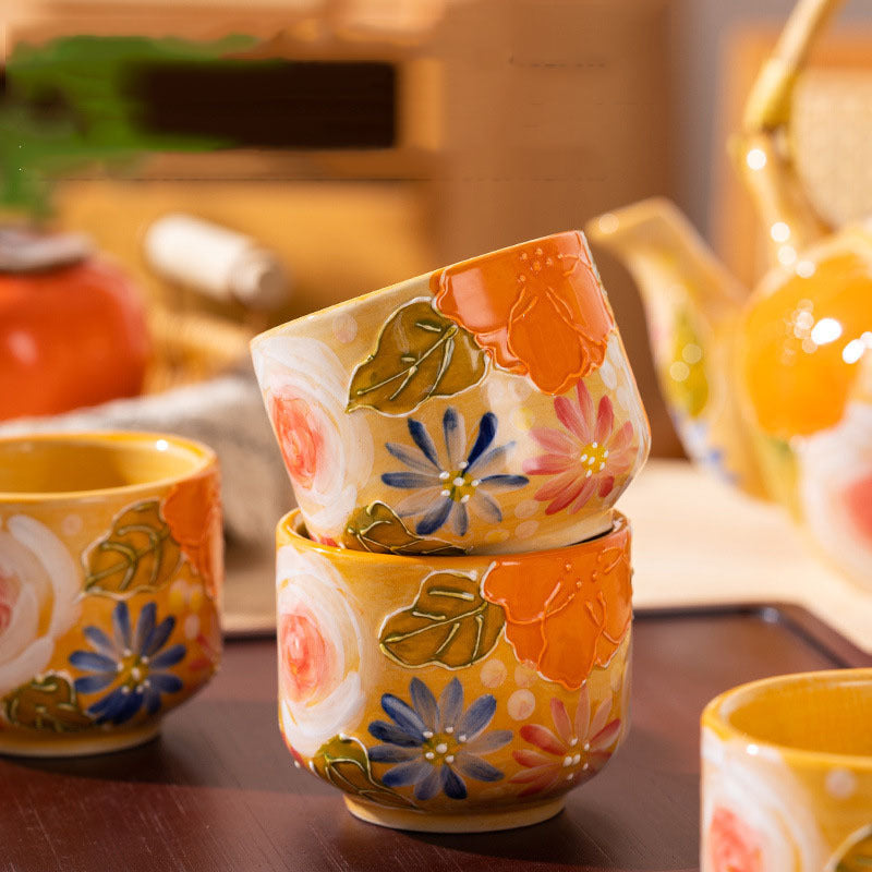 Elegant Lifting Handle Household Ceramic Underglaze Teapot Suit Hand Painted Good-looking Retro Water Glass - Orange