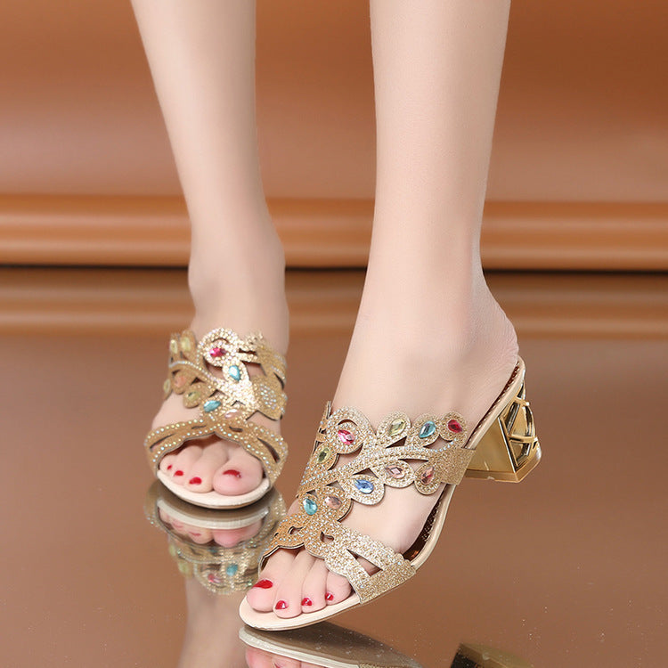 Summer Thick Heel Platform Fashion Printed Pearl Rhinestone Thin Sandals