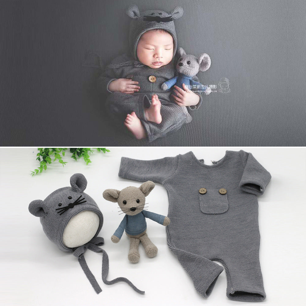 Three-piece Soft Knitted Jumpsuit, Hat, Doll And Mouse