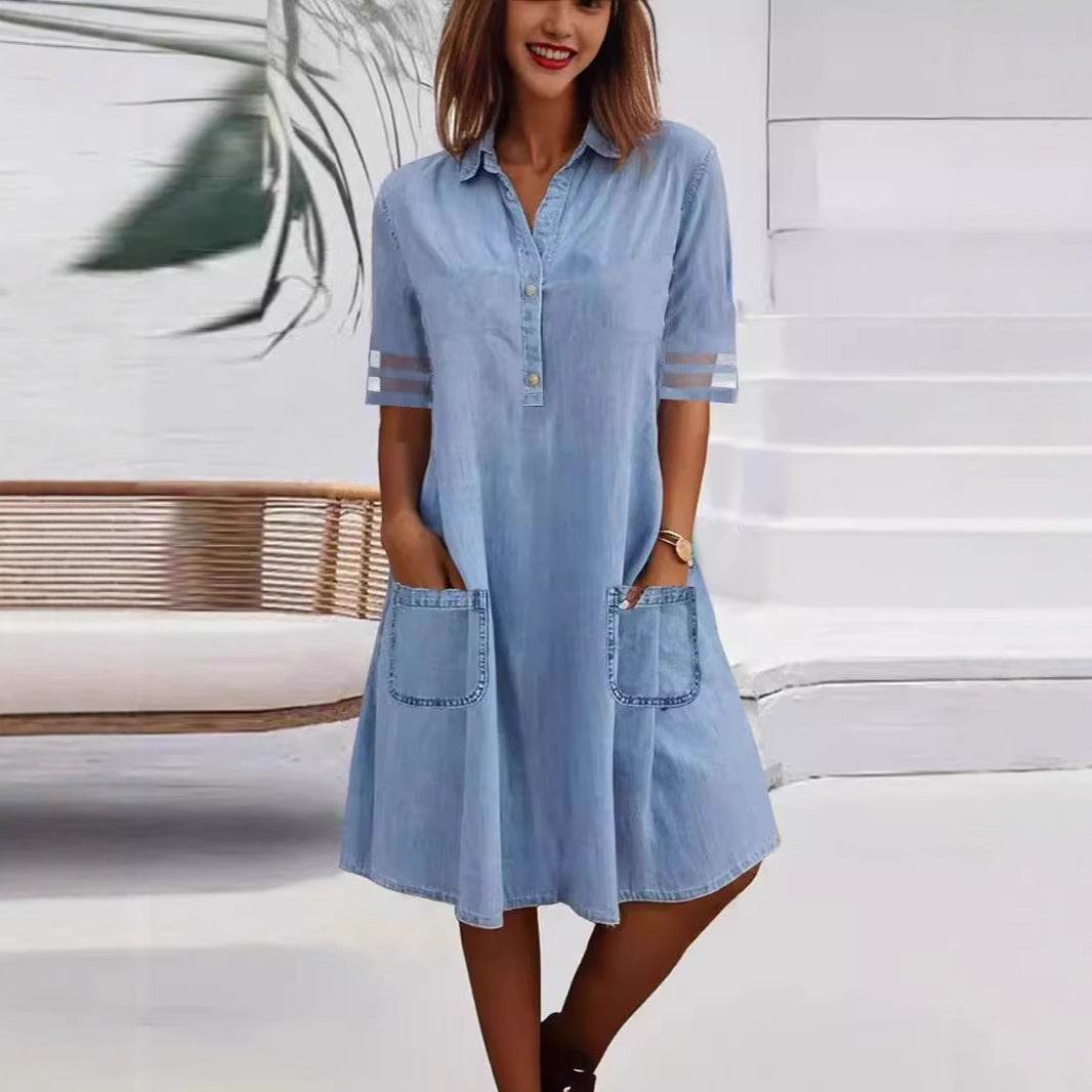 Mesh Stitching Solid Color Denim Short Sleeve Dress Dress - Millivan supplies