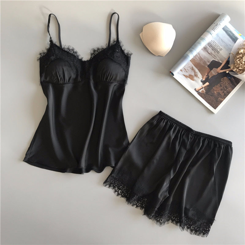 Women's Silk Loungewear Two-Piece Set - Adult Sling Ice Ribbon Chest Pad