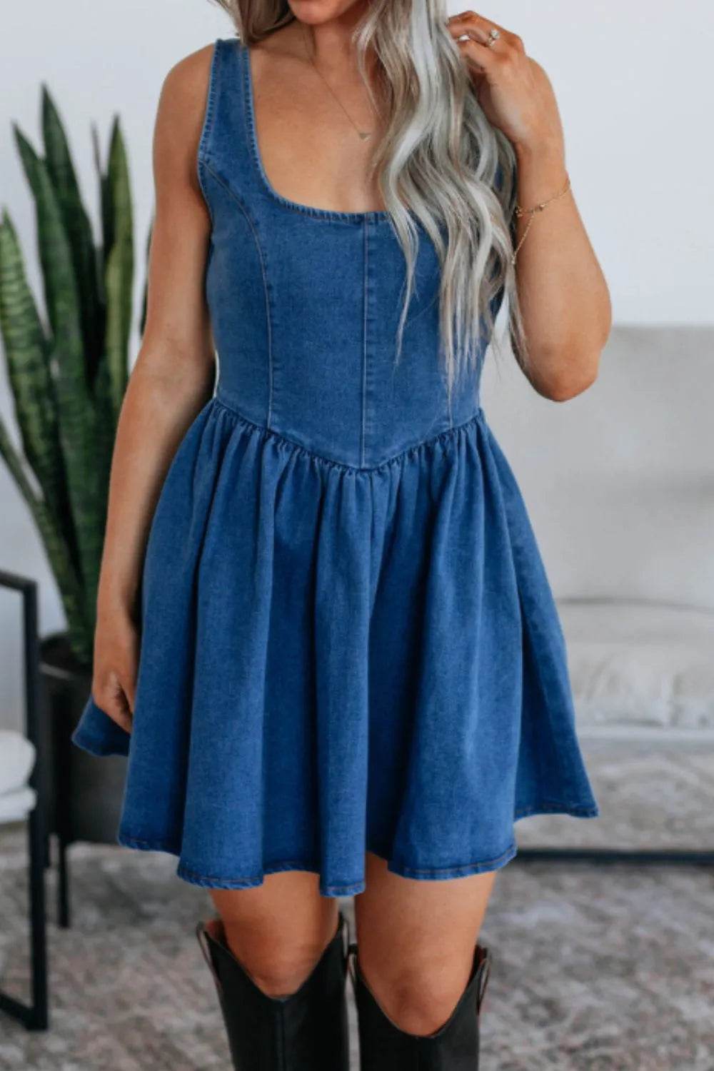 V-Back Bow Tie Denim Skater Dress - Millivan supplies