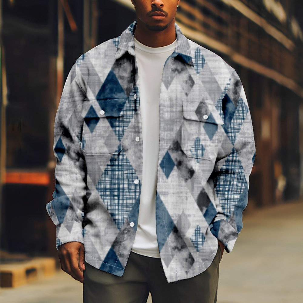 Person wearing a patterned shirt in an urban setting