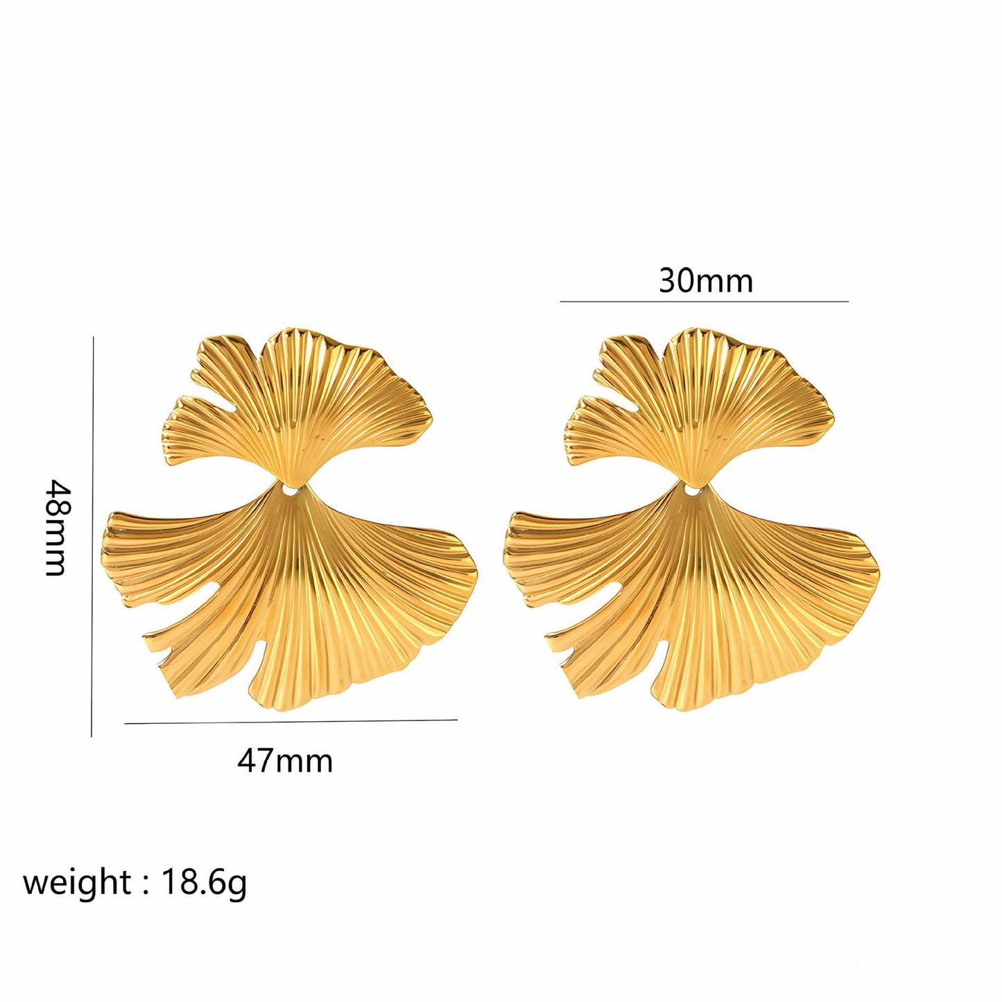 Gold leaf-shaped earrings with measurements on a white background