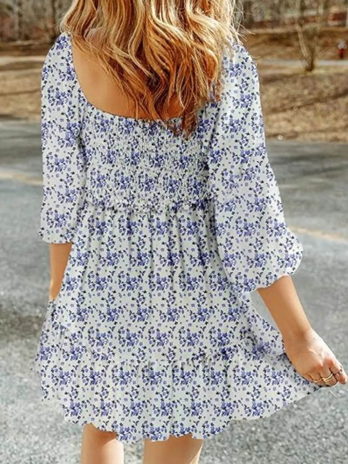 Smocked Floral Square Neck Dress - Millivan supplies
